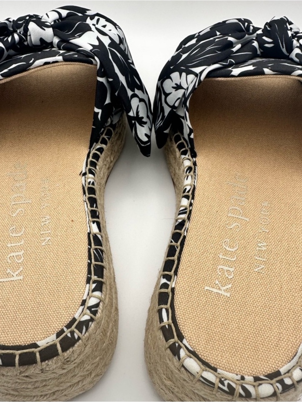 kate spade Black & White Floral Knot Espadrille Slides with Jute Platform - Picture 3 of 5